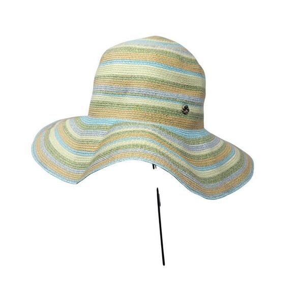 Flora Bella Pastel Floppy Wide Brim Straw‎ Beach Sun Hat Blue Green Striped - Picture 1 of 8